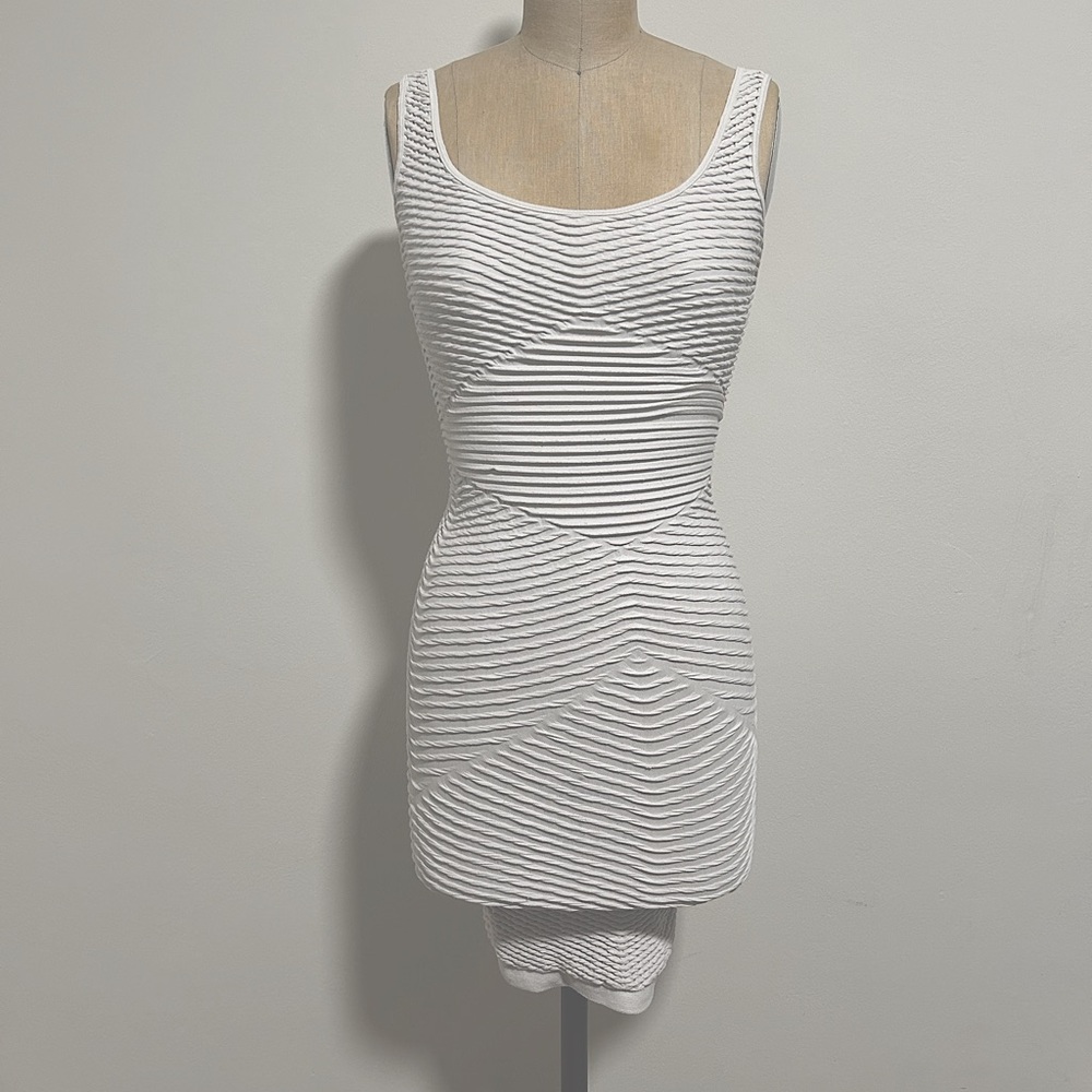 Bebe bodycon gathered rib knit dress in white